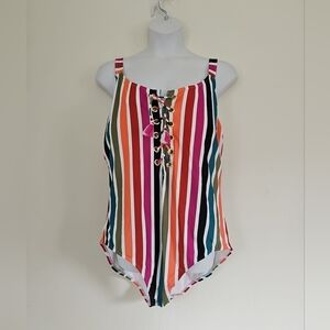 Terra & Sky Multicolor Stripe Reto Swimsuit Lace-Up Detail Plus 5XL Wide Straps